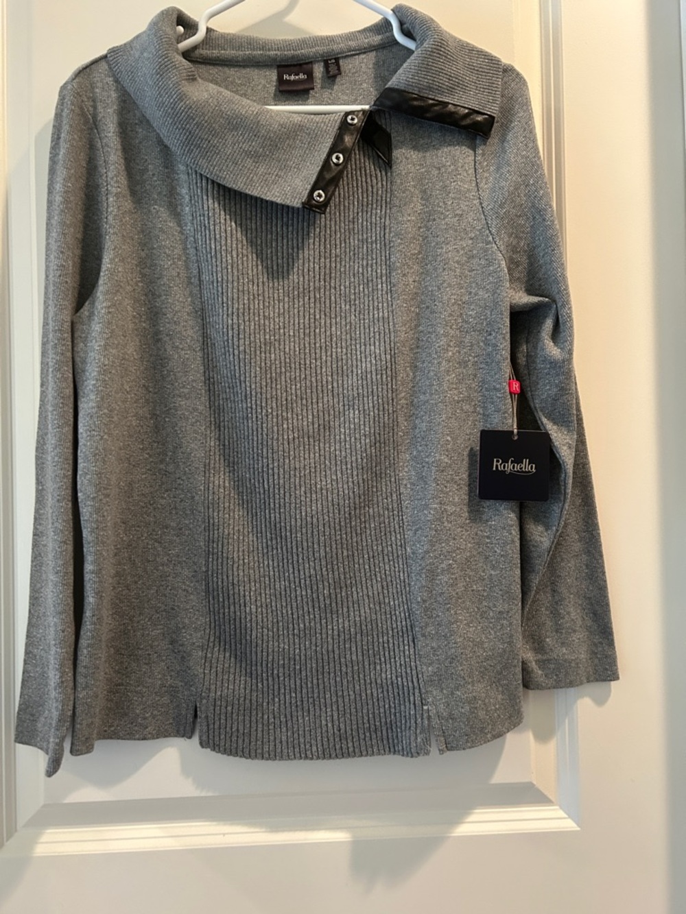 Rafaella  Ribbed Faux Funnel Neck Knit Sweater Detail faux leather trim size L